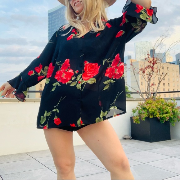 🛳 K.C.STUDIO Vintage Ruffle Long Sleeves Sheer Top Big Roses Sheer Top 22W - Picture 8 of 16